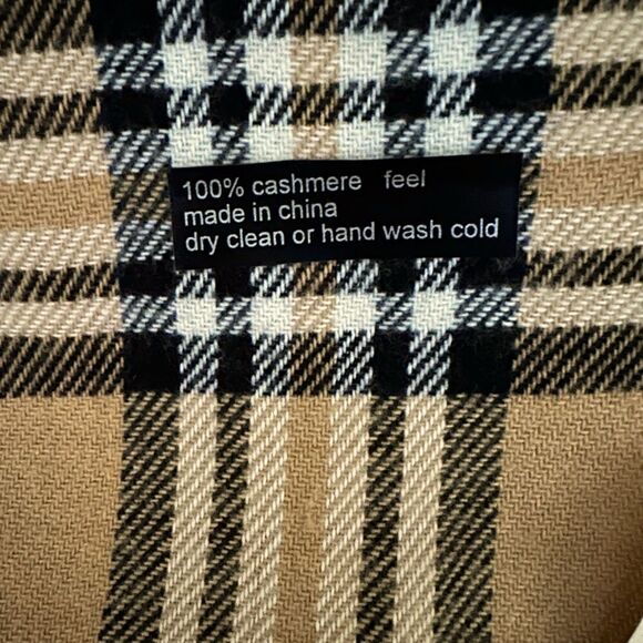 Scarf Muffler with camel, black, and red striped plaid design with fringe - Picture 4 of 4